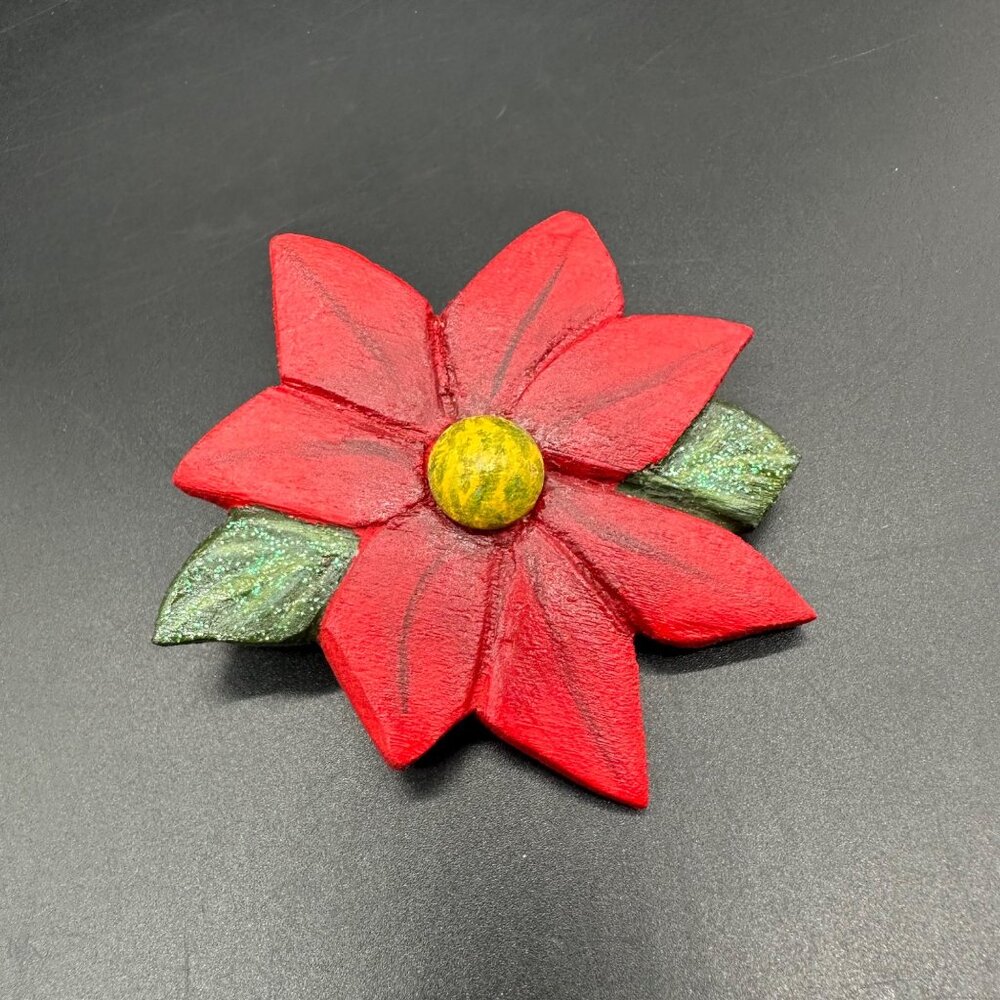 Christmas Brooch Pin Handcrafted Wooden Poinsettia Red Flower Holiday Jewelry